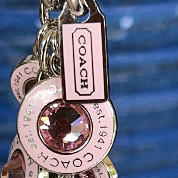 COACH PINK  Crystal & Enamel Silver Gem Stone Key Chain / Fob Purse Charm - Picture 6 of 8